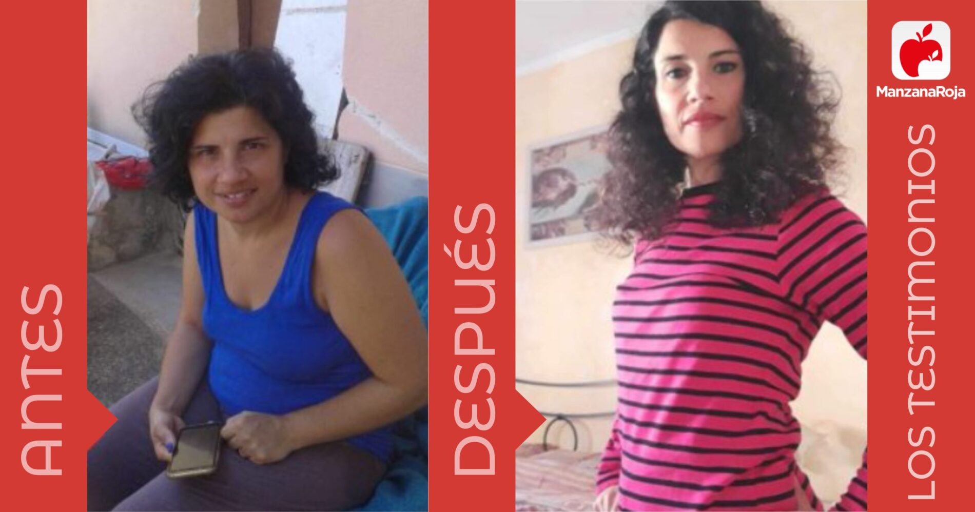 María antes y después de haber adelgazado 15 kilos con la app Manzana Roja